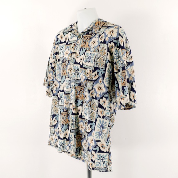 Pierre‎ Cardin Large Blue Cotton Floral Button Down Tropical Shirt Short Sleeve - Picture 6 of 10